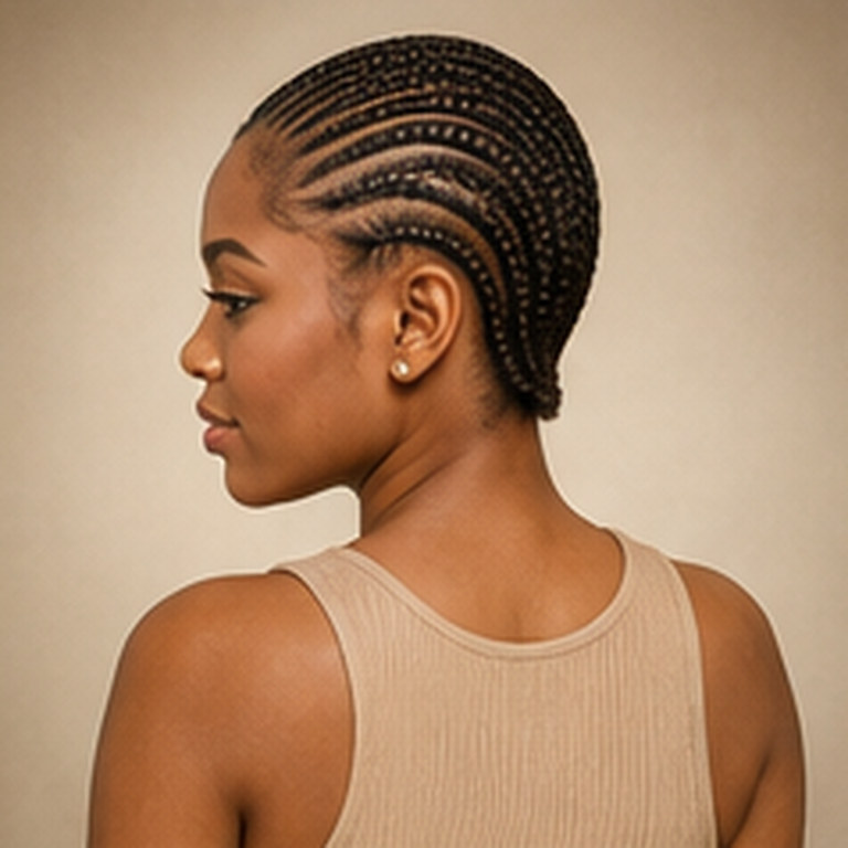 Cornrows ohne Extensions, fein geflochten, kurze Ausführung bis zum Nacken