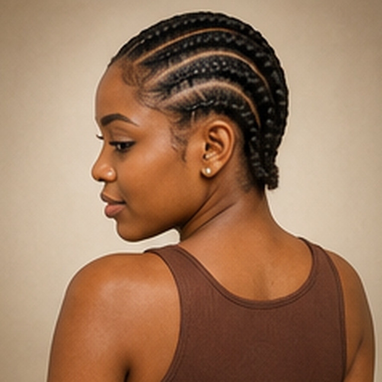 Cornrows ohne Extensions, Standardstärke, kurze Ausführung bis zum Nacken